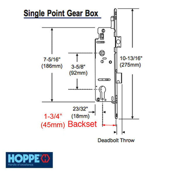 Hoppe Single Point Mortise Lock – 45mm Backset, 92mm PZ, 16mm Faceplate