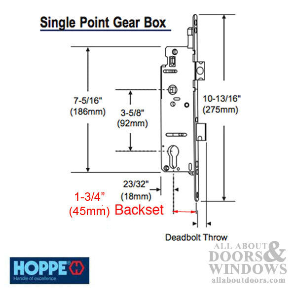 Hoppe Single Point Mortise Lock – 45mm Backset, 92mm PZ, 16mm Faceplate