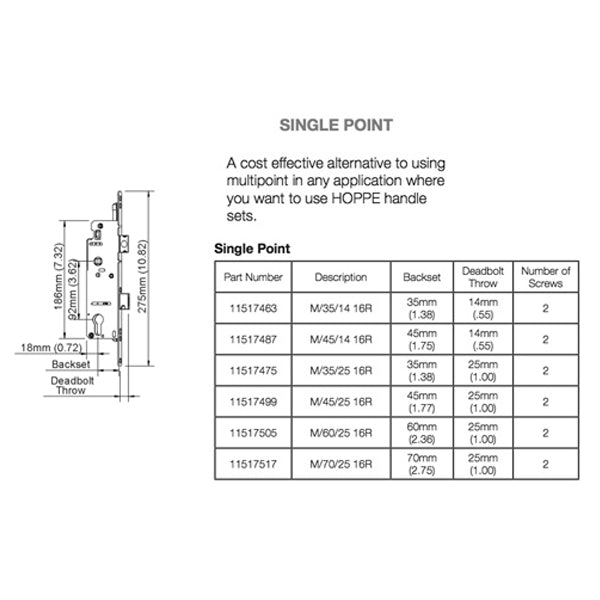 Hoppe Single Point Mortise Lock – 45mm Backset, 92mm PZ, 16mm Faceplate