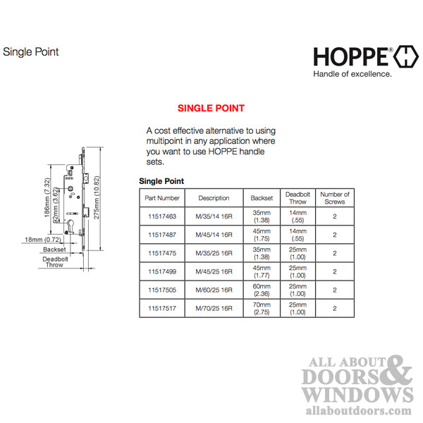Hoppe Single Point Mortise Lock – 45mm Backset, 92mm PZ, 16mm Faceplate