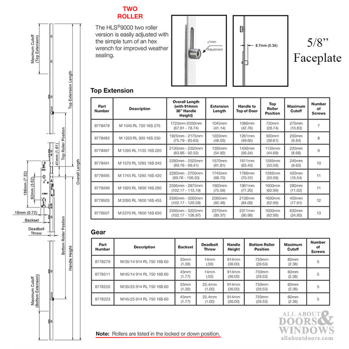 Hoppe Multipoint Lock Replacement Kit for FUHR 93" Doors – 35mm Backset, 92mm PZ, Two Roller