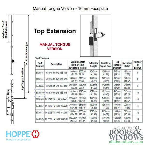 Hoppe Manual Top Extension – 16mm Faceplate, 37.20" Tongue, 61.81" Length