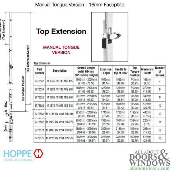 Hoppe Manual Top Extension – 16mm Faceplate, 68.70" Length, 46.97" Tongue