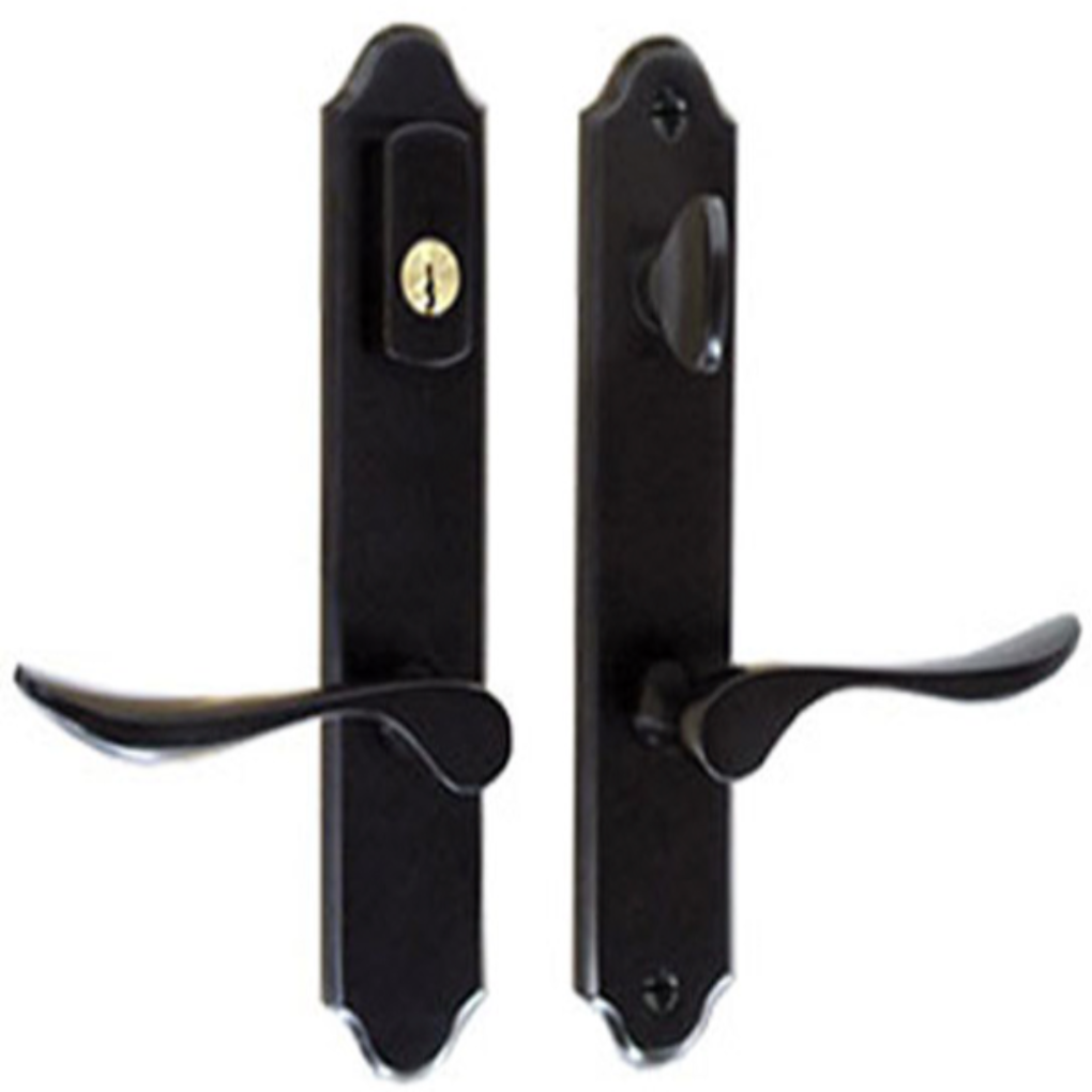 Black door handle and lock set on a white background