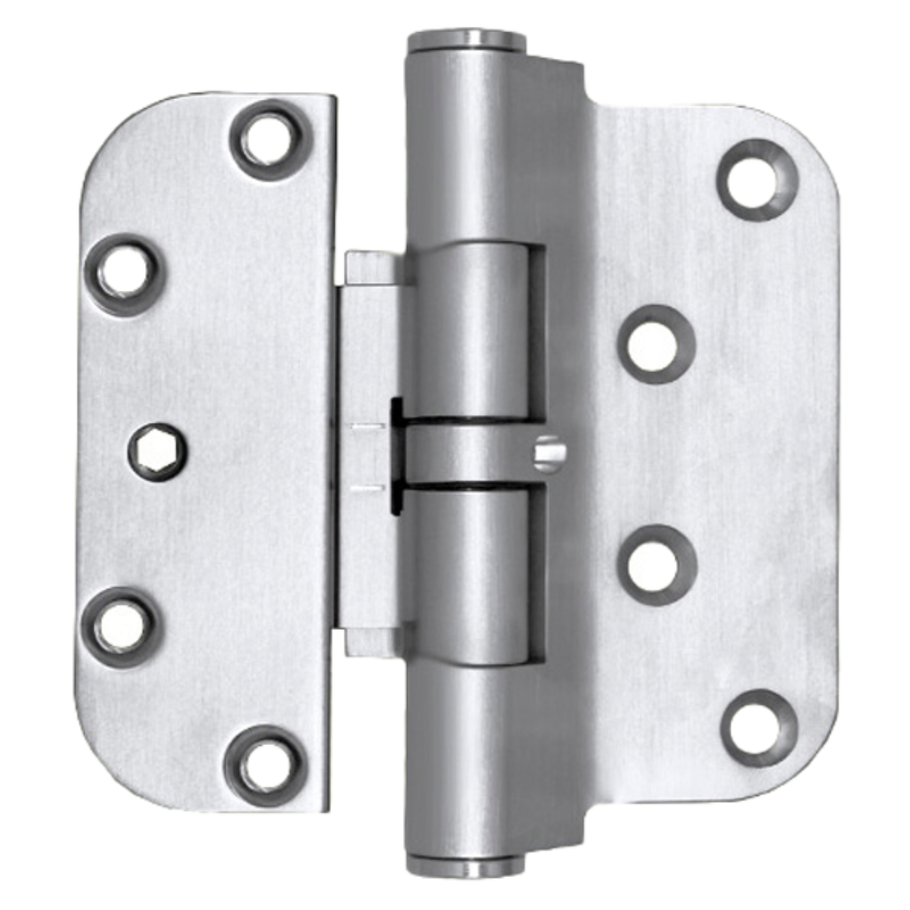 Metallic door hinge on a white background
